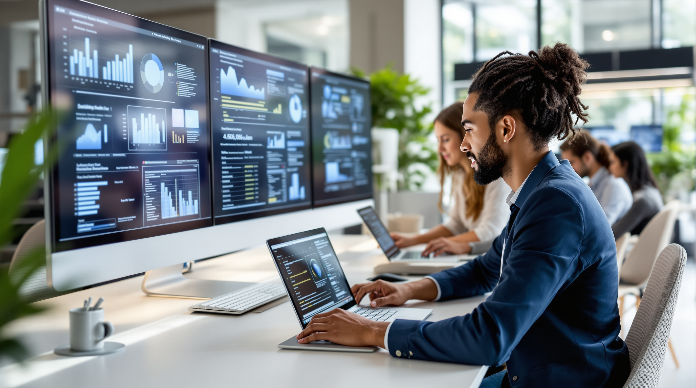 Digital marketing team collaborating in modern office