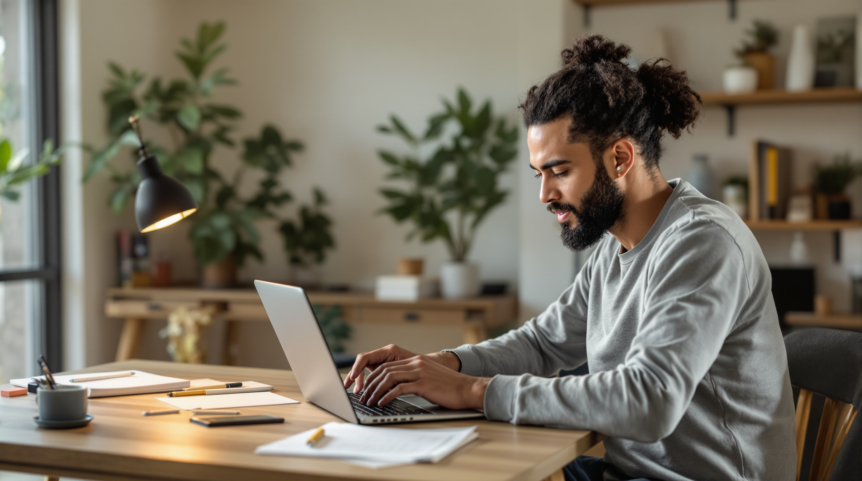 Content creator developing link-worthy articles at desk