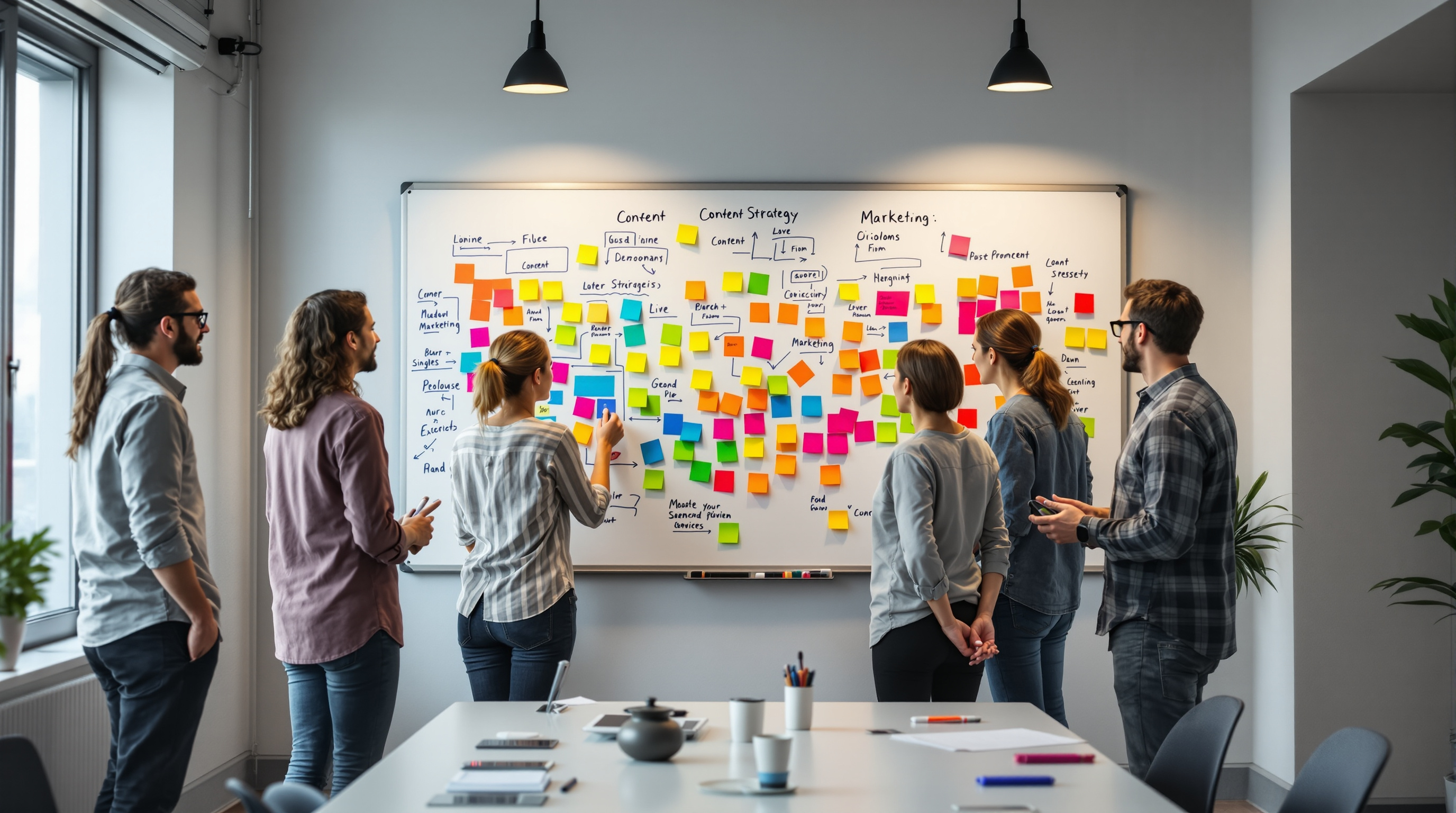 Content marketing strategy session with whiteboard planning