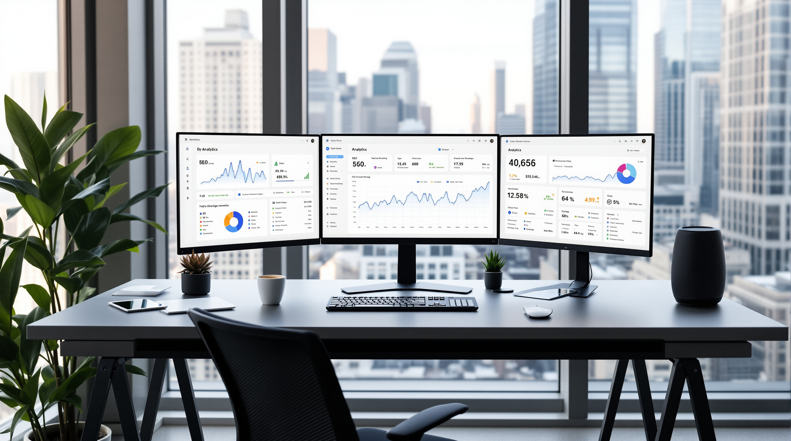 Modern digital marketing workspace with SEO analytics dashboards