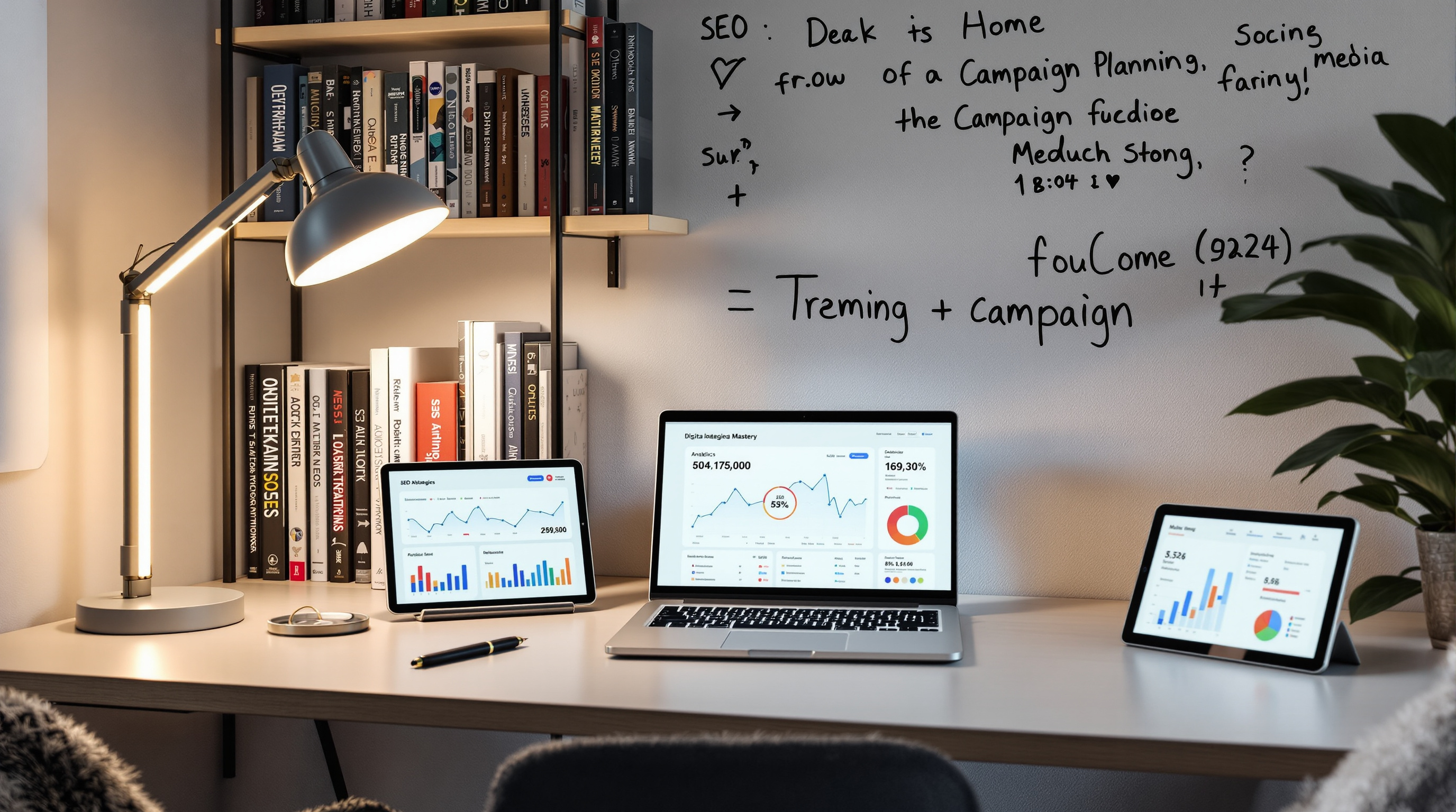 SEO resources library with books and digital learning materials