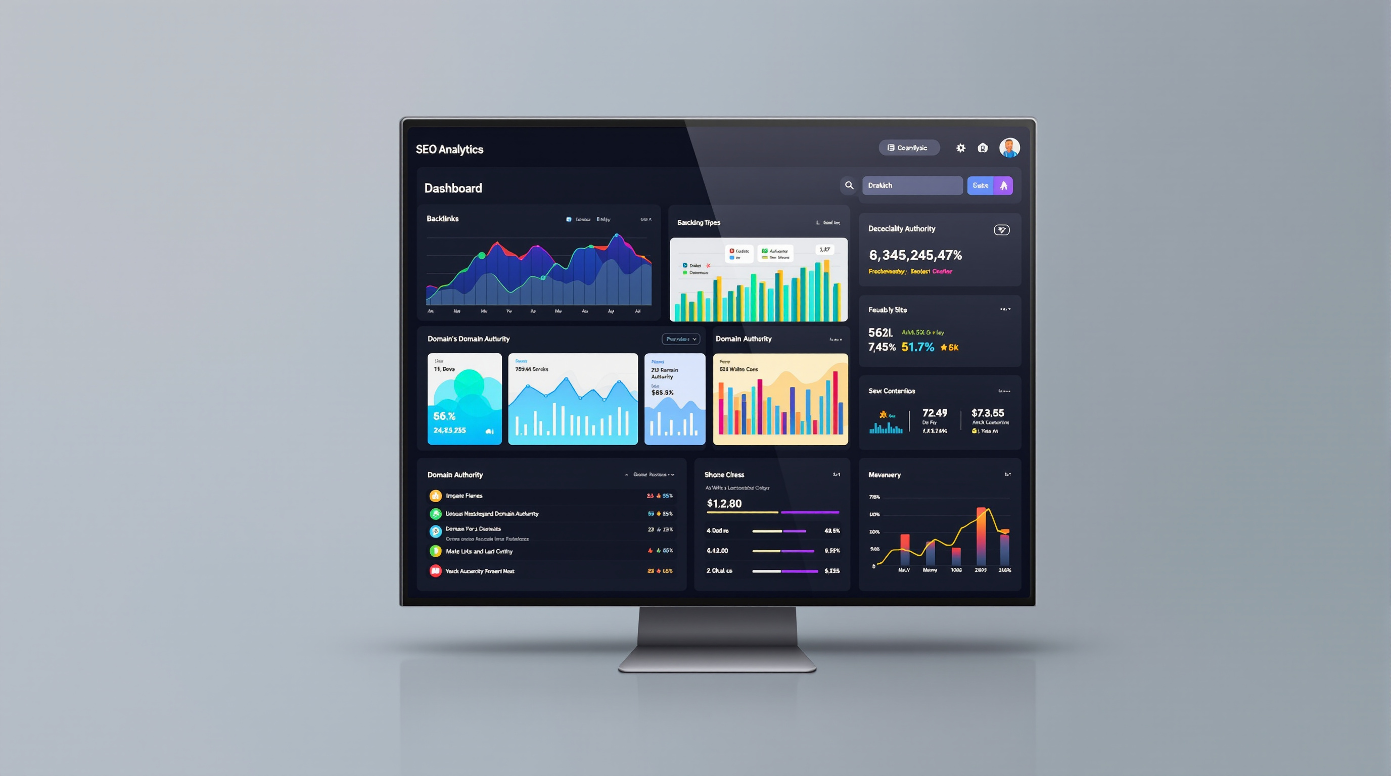 SEO analytics dashboard displaying backlink metrics and domain authority